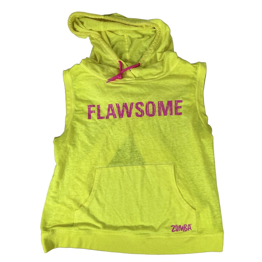 Zumba FLAWSOME Women's L Neon Yellow Pink Sleeveless Hoodie Activewear Dance